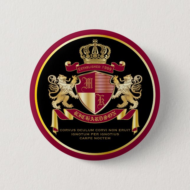 Make Your Own Coat of Arms Red Gold Lion Emblem 2 Inch Round Button (Front)