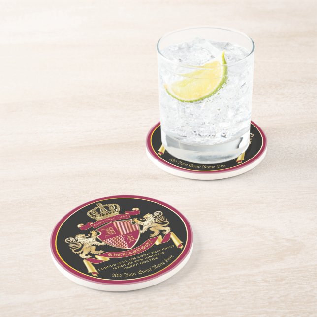 Make Your Own Coat of Arms Red Gold Lion Emblem Coaster (Side)