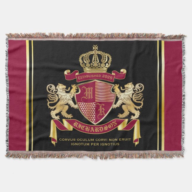 Make Your Own Coat of Arms Red Gold Lion Emblem Throw Blanket (Front)