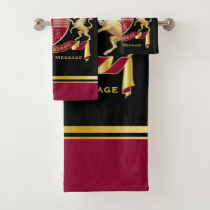 Make Your Own Coat of Arms Red Gold Unicorn Emblem Bath Towel Set