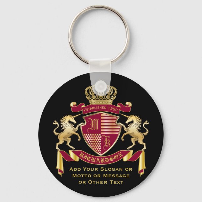 Make Your Own Coat of Arms Red Gold Unicorn Emblem Keychain (Front)