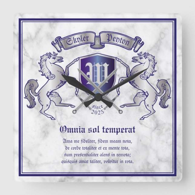 Make Your Own Coat of Arms Silver Horse Shield Square Wall Clock (Front)