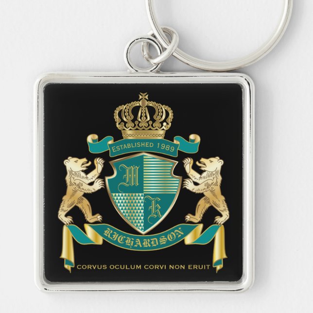 Make Your Own Coat of Arms Teal Gold Bear Emblem Keychain (Front)