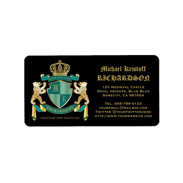 Make Your Own Coat of Arms Teal Gold Bear Emblem Label (Front)