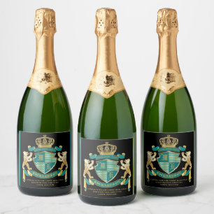 Make Your Own Coat of Arms Teal Gold Bear Emblem Sparkling Wine Label