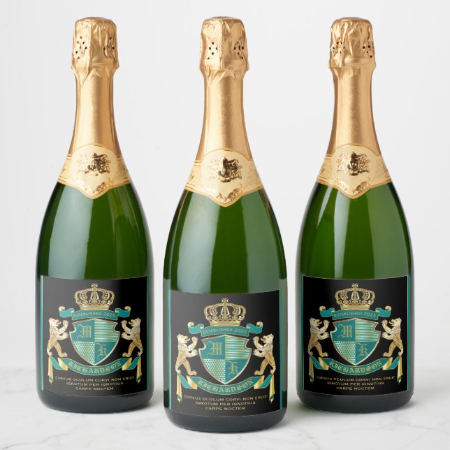 Make Your Own Coat of Arms Teal Gold Bear Emblem Sparkling Wine Label (Bottles)