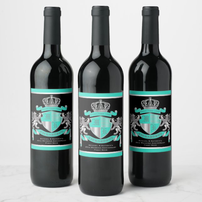 Make Your Own Coat of Arms Turquoise Silver Lion Wine Label (Bottles)
