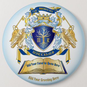 Make Your Own Emblem Tree Book Key Crown Gold Blue 6 Inch Round Button