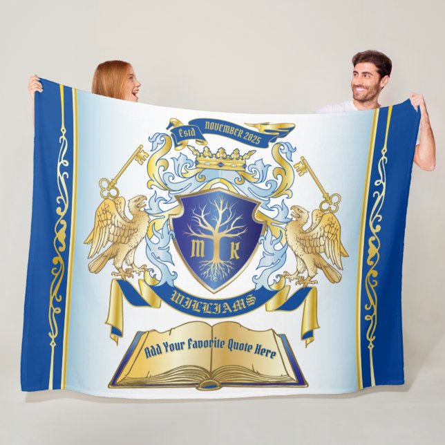 Make Your Own Emblem Tree Book Key Crown Gold Blue Fleece Blanket (In Situ)