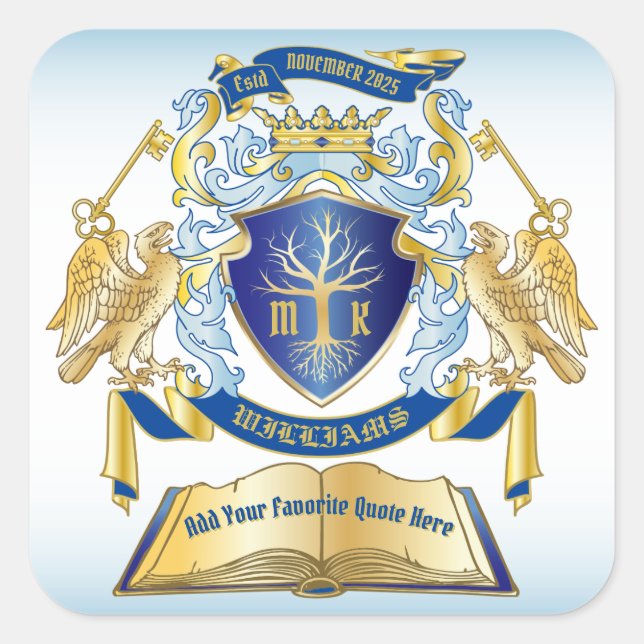 Make Your Own Emblem Tree Book Key Crown Gold Blue Square Sticker (Front)