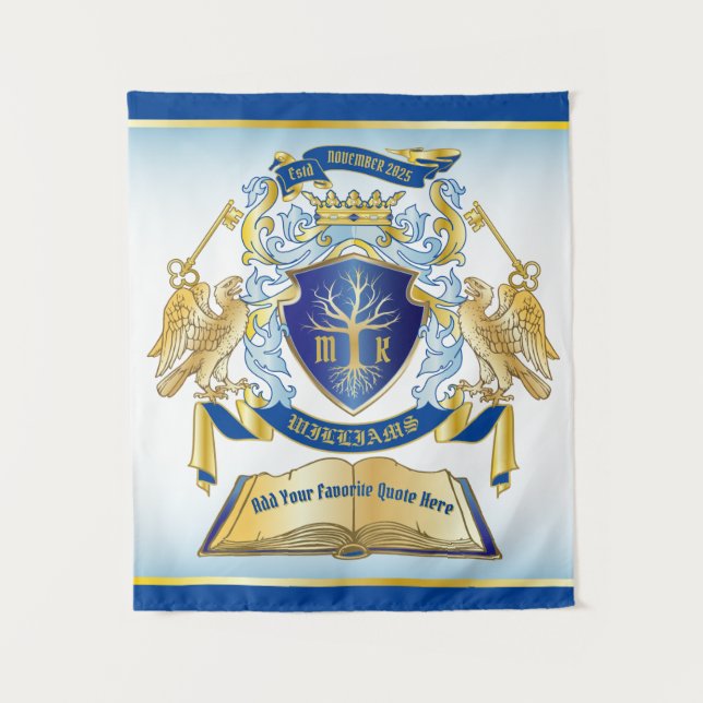 Make Your Own Emblem Tree Book Key Crown Gold Blue Tapestry (Front)