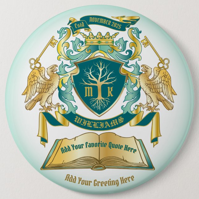 Make Your Own Emblem Tree Book Key Crown Gold Jade 6 Inch Round Button (Front)
