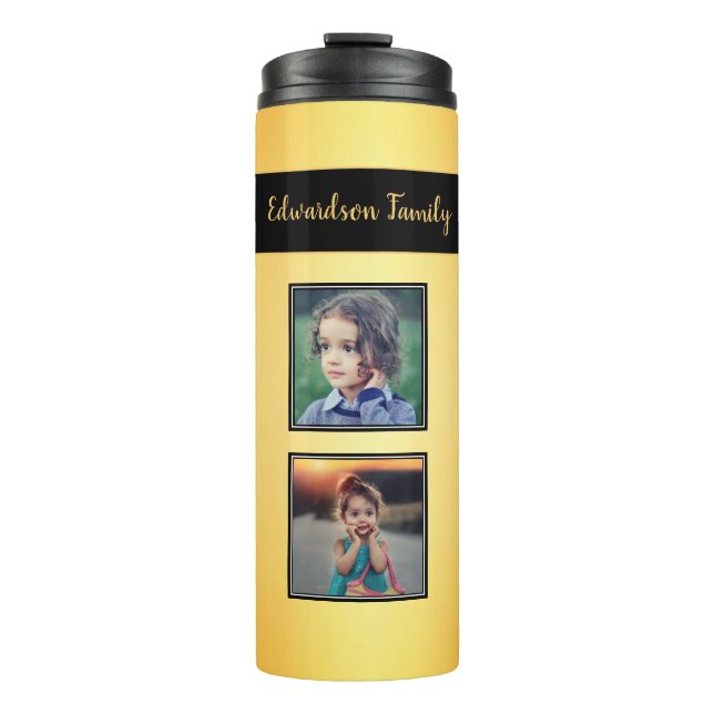 Make your own family photo collage monogram gold thermal tumbler (Front)