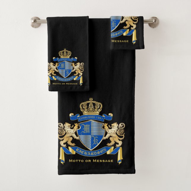Make Your Own Gold Lion Emblem Coat of Arms Blue Bath Towel Set (Insitu)