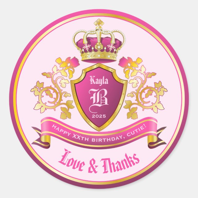 Make Your Own Love & Thanks Coat of Arms Pink Gold Classic Round Sticker (Front)