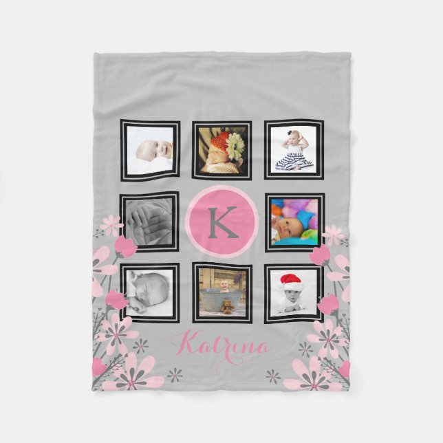 Make Your Own Personalized | 8 Photo Collage Pink Fleece Blanket (Front)