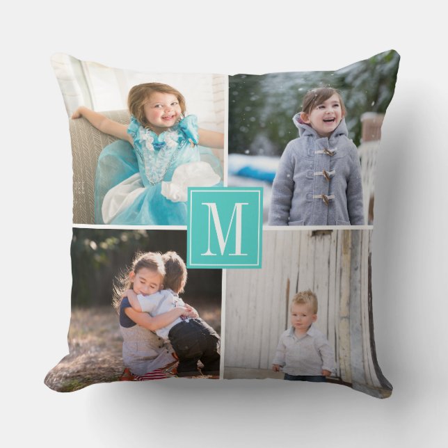 Make your own photo collage and monogram aqua blue throw pillow (Front)