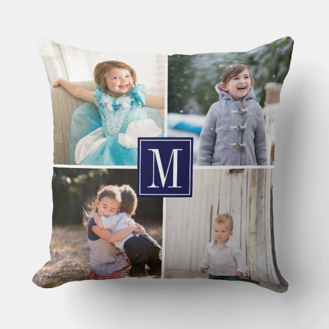 Make your own photo collage and monogram navy blue throw pillow (Front)