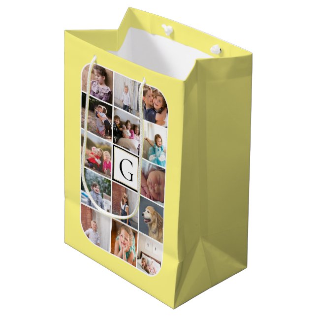 Make your own photo collage, monogram light yellow medium gift bag (Front Angled)