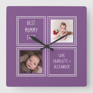 Make Your Own Two Photo Purple Template Square Wall Clock