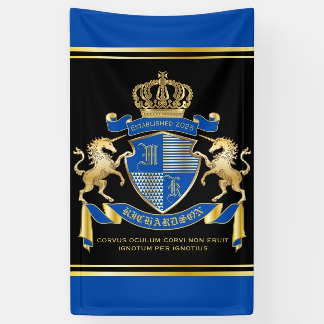 Make Your Own Unicorn Coat of Arms Blue Emblem Banner (Vertical)