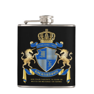 Make Your Own Unicorn Coat of Arms Blue Emblem Hip Flask