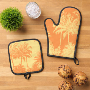 Makena Beach Hawaiian Sketchy Palms Lemon Oven Mitt & Pot Holder Set