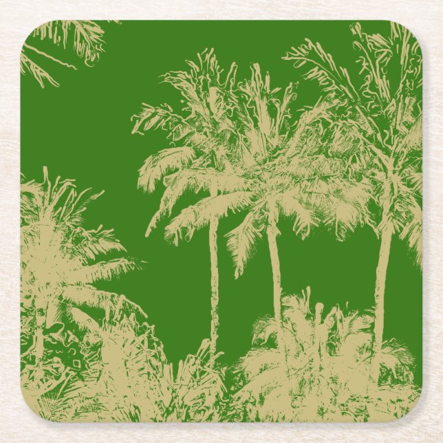 Makena Beach Hawaiian Sketchy Palms Square Paper Coaster (Front)