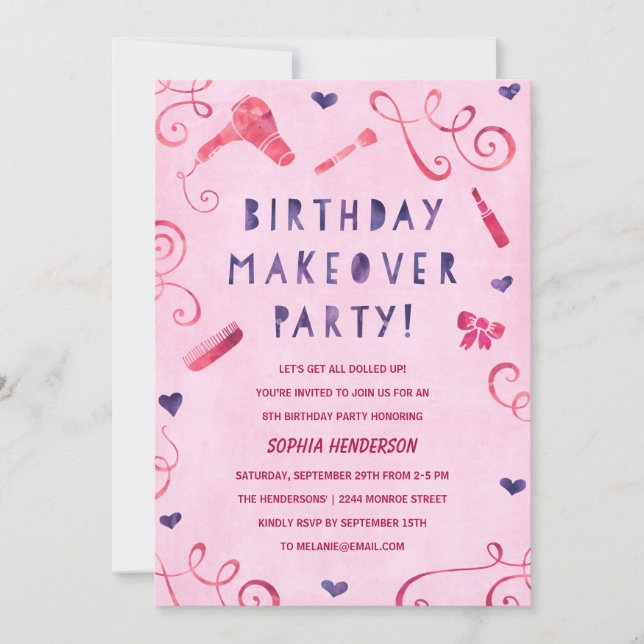 Makeover Party | Pink & Purple Girls Birthday Invitation