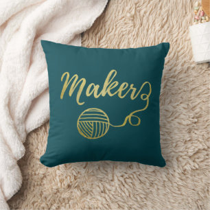 Maker Yarn Crafts Typography Faux Gold Teal Throw Pillow