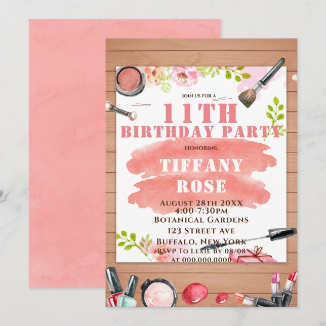 Makeup 11th Birthday Party Invitations  (Front/Back)