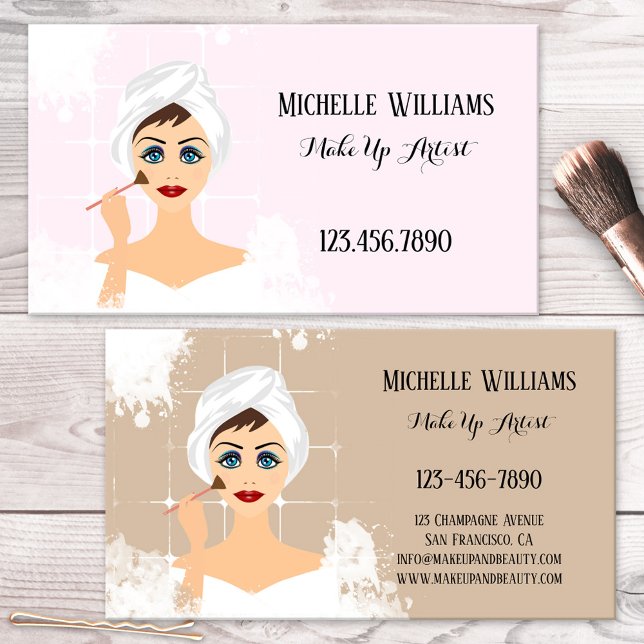 MakeUp and Beauty Business Card (Business card featuring an illustration of a woman applying makeup - makeup artist - beauty)