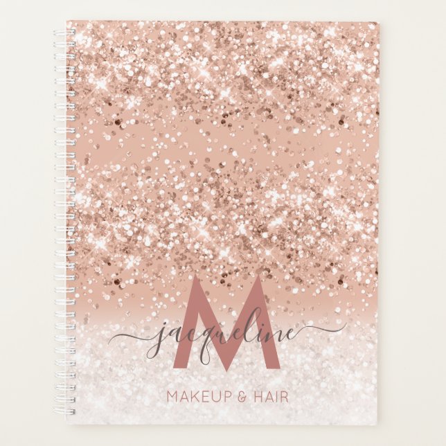 Makeup and Hair Monogram Blush Rose Gold Glitter  Planner (Front)