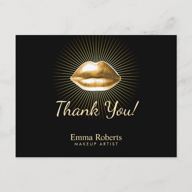 Makeup Artist 3D Gold Lips Beauty Salon Thank You Postcard (Front)