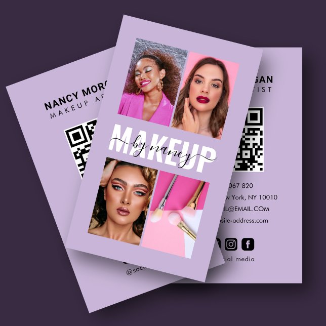 ​Makeup Artist 4 Photo Grid QR Code Lavender Business Card (Creator Uploaded)