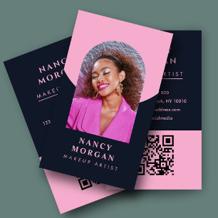 makeup artist arch photo QR code pink and navy Business Card