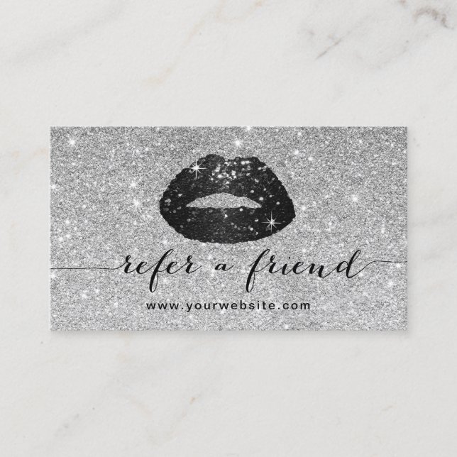 Makeup Artist Black Glitter Lips Silver Referral Card (Front)