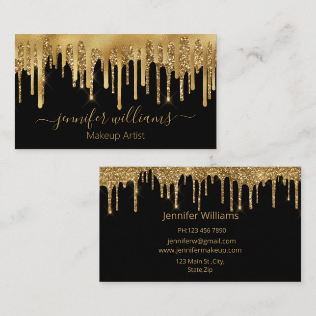 makeup artist black gold dripping glitters stylish business card (Front/Back)