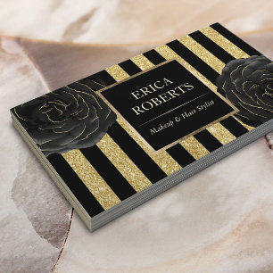 Makeup Artist Black & Gold Floral Modern Stripes Business Card