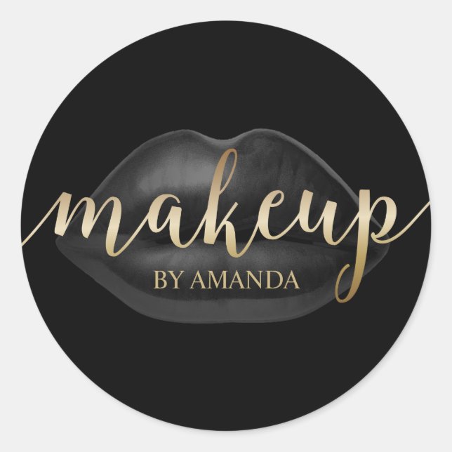 Makeup Artist Black Lips Gold Script Beauty Salon Classic Round Sticker (Front)
