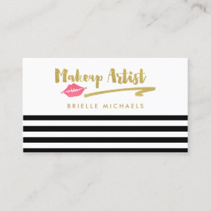 Makeup Artist Black White Stripes With Pink Lips Business Card