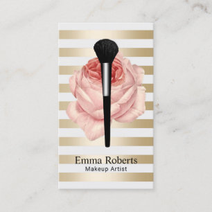 Makeup Artist Brush & Rose Modern Gold Stripes Business Card