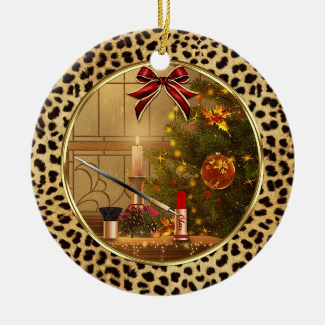 Makeup Artist Cheetah Print Personalized Ornament (Front)