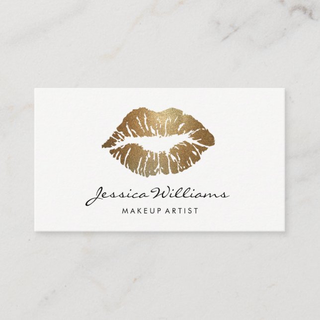Makeup Artist Chic Handwritten Gold Lips White Business Card (Front)