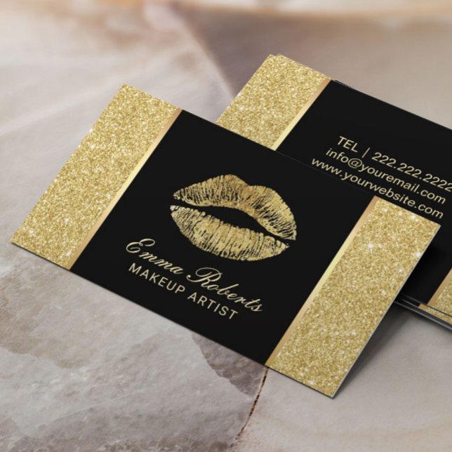 Makeup Artist Chic Lips Modern Gold Glitter Business Card (Creator Uploaded)