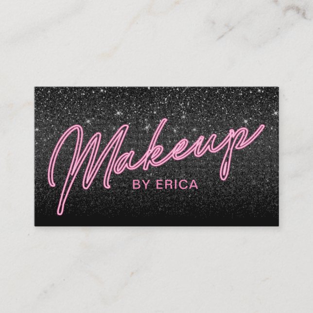 Makeup Artist Chic Neon Typography Black Glitter Business Card (Front)