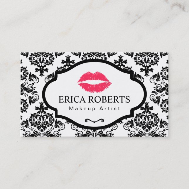 Makeup Artist Classic Damask Elegant Red Lips Business Card (Front)