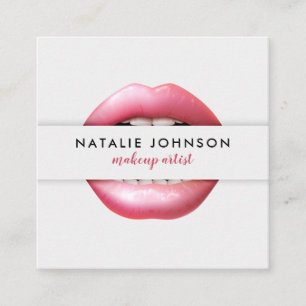 Makeup artist cool 3d pink lips modern grey beauty square business card