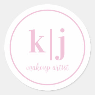 Makeup Artist Custom Monogram Business Pink white Classic Round Sticker