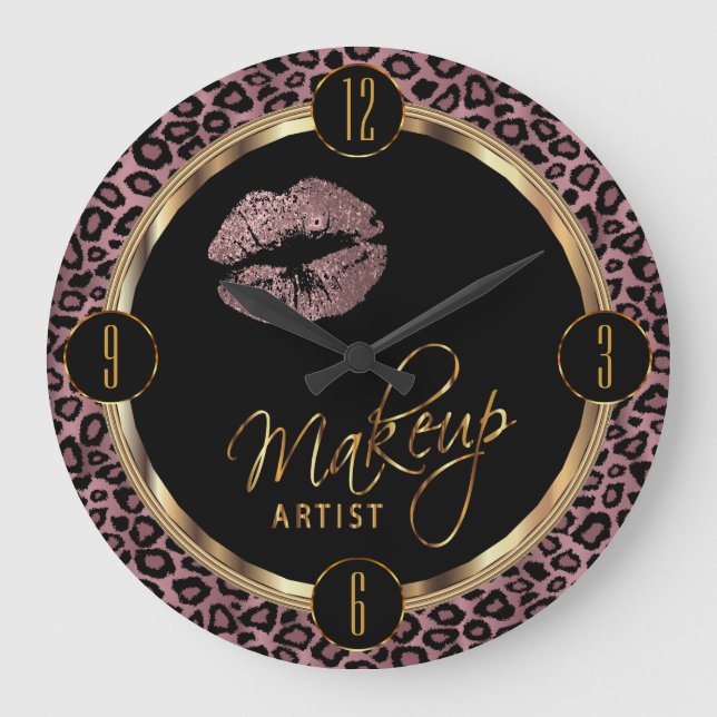 Makeup Artist Dusty Rose Lips with Leopard Print Large Clock (Front)
